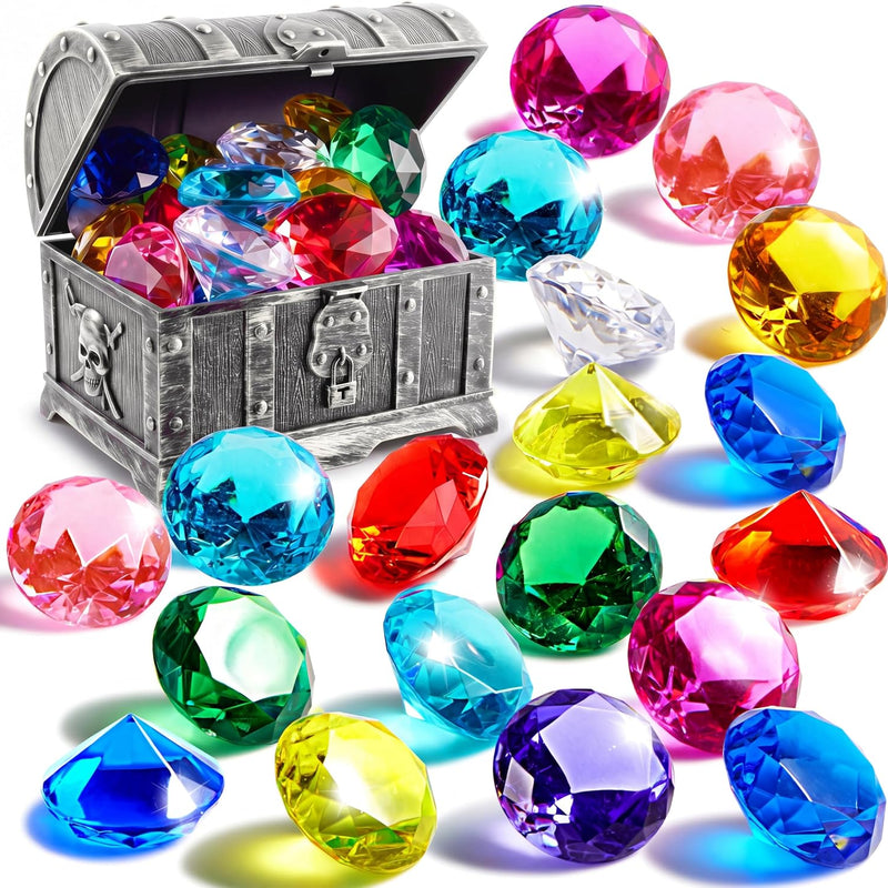 Sloosh Diving Gems Pool Toys, 16 Big Colorful Diamond with Pirate Treasure Chest,Swim Dive Toy for Kids Underwater Gemstone Swimming Training Gift Water Pool Games(Gold)
