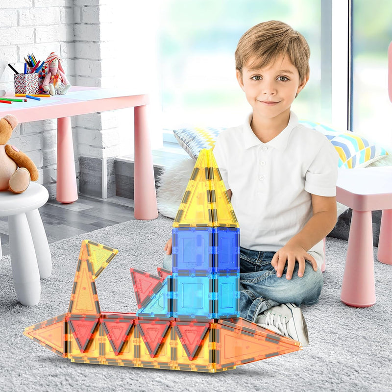 PicassoTiles 60 Piece Set Clear Magnetic 3D Blocks Construction Playboards for Toddlers and Kids