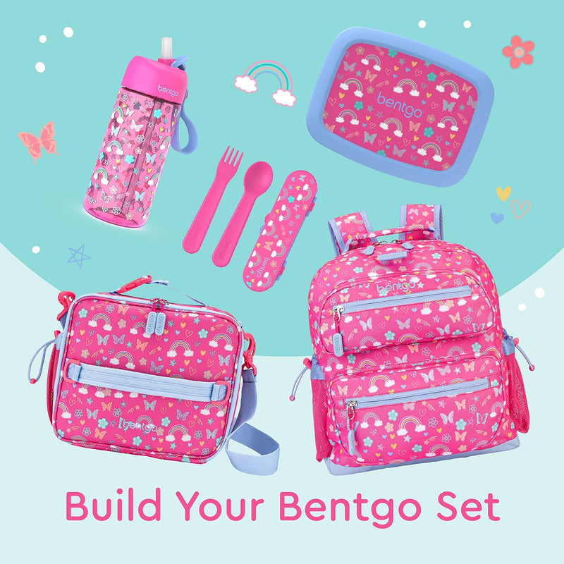 Bentgo® Kids Plastic Utensil Set - Reusable Fork, Spoon & Storage Case, PFAS- & BPA-Free, Easy-Grip Handles, Lightweight, Dishwasher Safe, School Lunch, Travel & On-the-Go (Rainbows and Butterflies)
