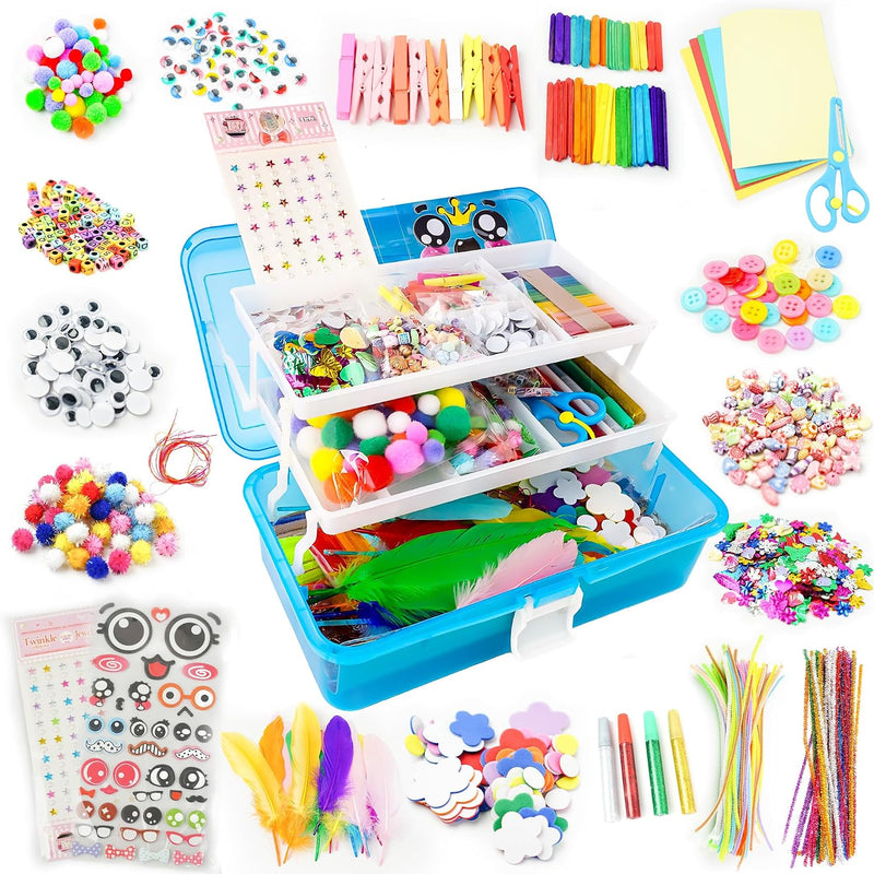 SMILESSKIDDO Kids Arts and Crafts, 1000+ PCS Craft Kits with Storage Box | Portable 3-Layer Folding Storage Box, 1000+ Pcs DIY Craft Supplies, School Craft Projects, Gifts for Girls Ages 4-12