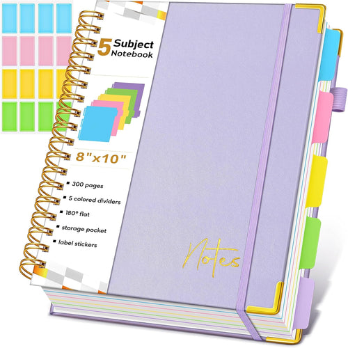 Spiral Notebook Journal with Removable Dividers Tabs, 300 Pages Hardcover Leather 5 Subject College Ruled Notebook, 8"x10" Large B5 Lined Journal for Women Men, Spiral Notebooks for Work School,Purple