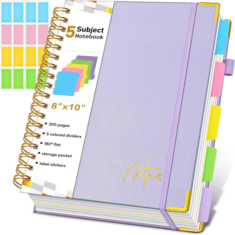 Spiral Notebook Journal with Removable Dividers Tabs, 300 Pages Hardcover Leather 5 Subject College Ruled Notebook, 8"x10" Large B5 Lined Journal for Women Men, Spiral Notebooks for Work School,Purple