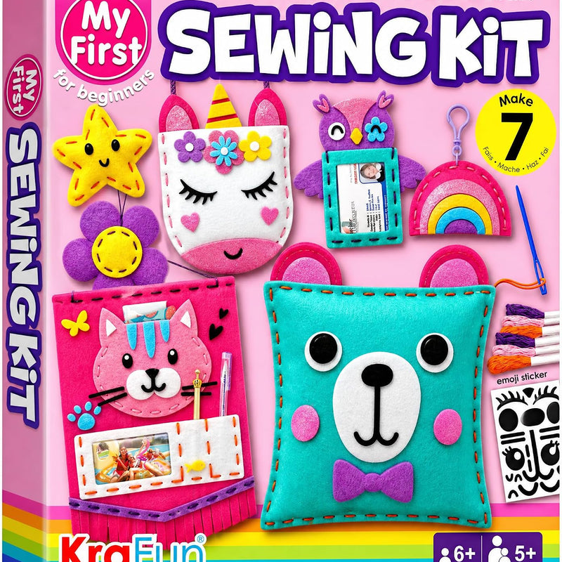 KRAFUN My First Sewing Kit for Kids Ages 6-12 | 7 Animal Dolls | 7 stuffed animal & plush pillow projects. Pre-punched felt & instructions included. Gift for girls & boys