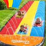 JAMBO Premium Triple Water Slide and 3 Bodyboards, 16Ft Heavy Duty Slip Splash and Slides-Advanced 3-Way Sprinkler System, Splash Pad Mat Backyard Summer Outdoor Water Toys n Long Slides for Kids