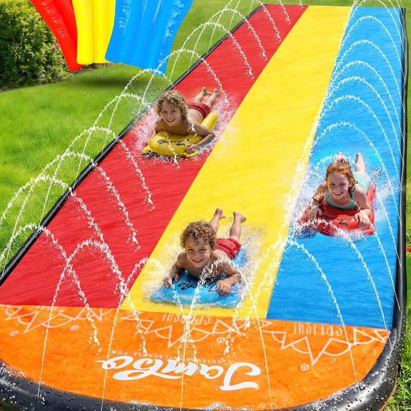 JAMBO Premium Triple Water Slide and 3 Bodyboards, 16Ft Heavy Duty Slip Splash and Slides-Advanced 3-Way Sprinkler System, Splash Pad Mat Backyard Summer Outdoor Water Toys n Long Slides for Kids