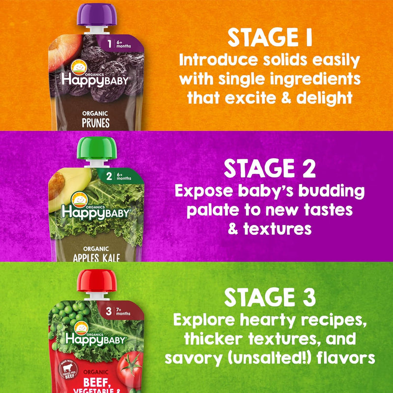 Happy Baby Organics Stage 2 Baby Food Pouches, Gluten Free, Vegan & Healthy Snack, Clearly Crafted Fruit & Veggie Puree, Fruit & Veggie Variety Pack, 4 Ounces (Pack of 10), Amazon Exclusive