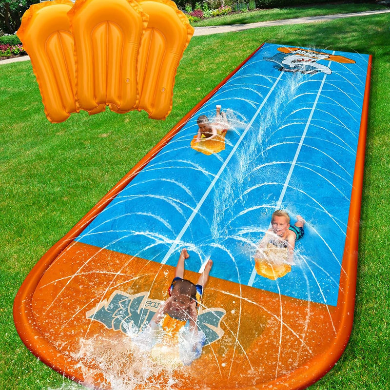 Spring Water Slip and Water Slide for Kids Backyard, 22ft*3 Racing Lanes Slip Water Slides with Sprinkler for Age 5-8 8-12, Summer Outdoor Water Toy with 3 Inflatable Bodyboards