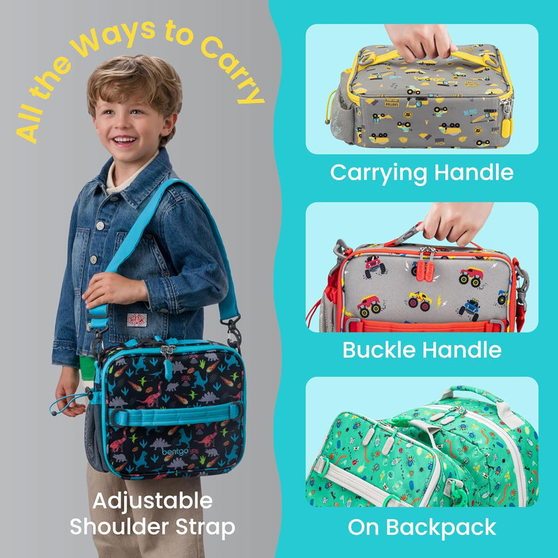 Bentgo Kids Lunch Bag - Durable, Double-Insulated Lunch Bag for Kids 3+; Holds Lunch Box, Water Bottle, & Snacks; Easy-Clean Water-Resistant Fabric & Multiple Zippered Pockets (Construction Trucks)