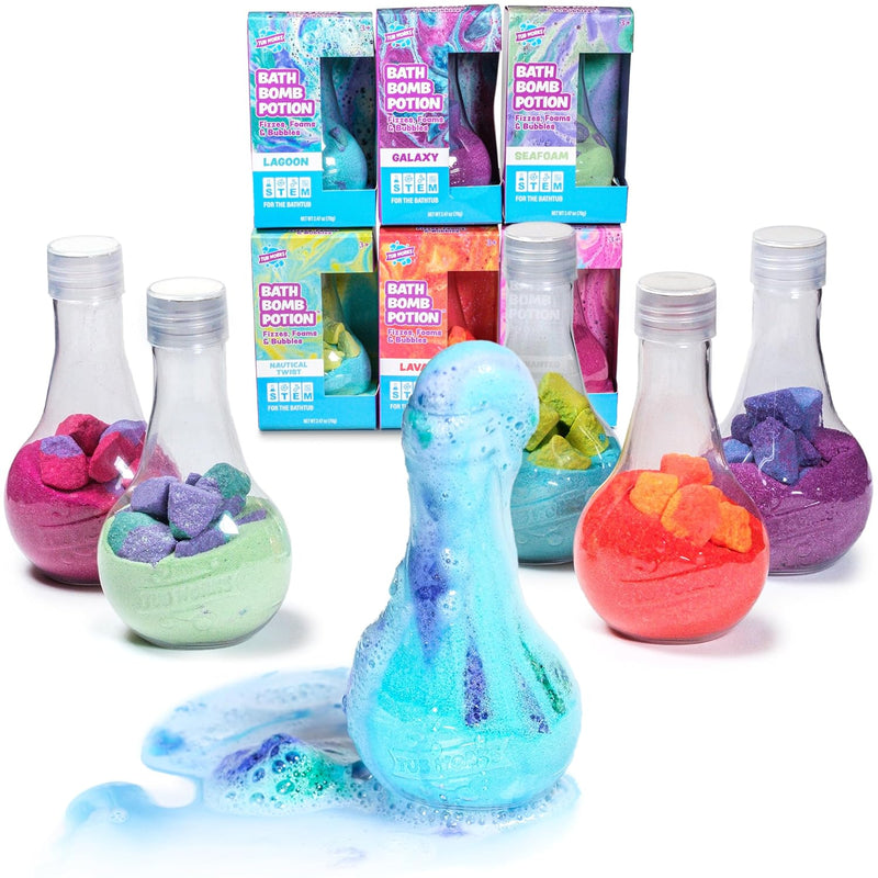Tub Works Kids Nontoxic Bath Bomb Potions, Variety 6 Pack, Fizzes, Foams & Bubbles with Colorful Eruption, Interactive Bath Toys for Toddler Science Fun