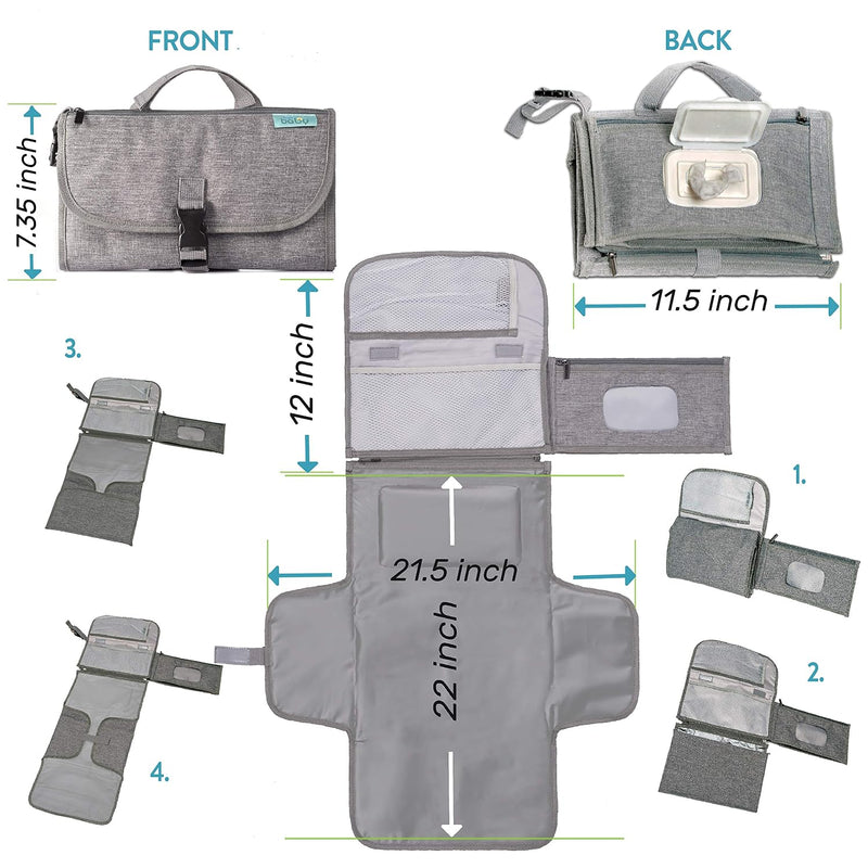 Kopi Baby Portable Diaper Changing Pad with Wipes Pocket, Classic Grey | 22-In Waterproof Pad, Smart Wipes Pocket, 2 Inner Mesh Pockets, Outer Pocket, Detachable Storage, Carry Straps