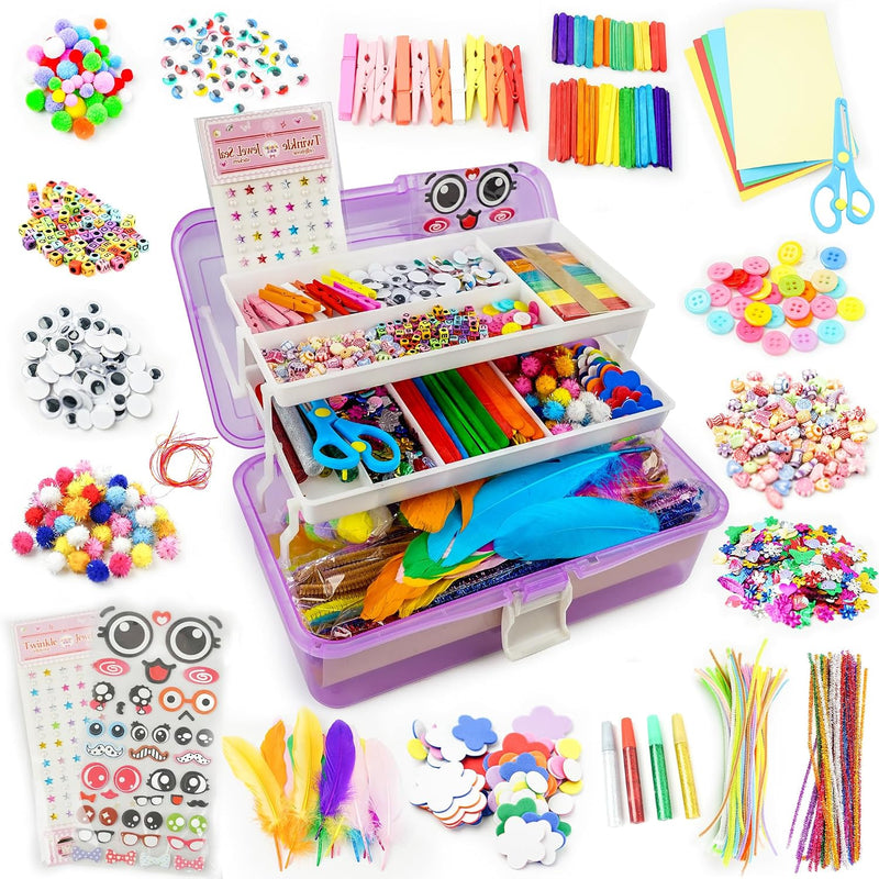 SMILESSKIDDO Kids Arts and Crafts, 1000+ PCS Craft Kits with Storage Box | Portable 3-Layer Folding Storage Box, 1000+ Pcs DIY Craft Supplies, School Craft Projects, Gifts for Girls Ages 4-12