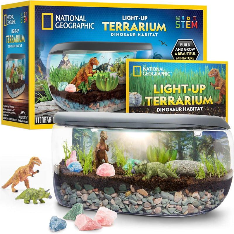 National Geographic light-up terrarium kit for kids with real plants, gemstones, and dinosaur toys - exclusive Amazon offer