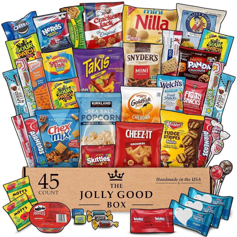 Snacks Variety Pack Gift Basket (45 Count) Snack Box Care Package with Chips Cookies Candy Treats for Adults Men Women Kids Teens Guys Girls College Students School Office Military Birthday Gifts by Jolly Good