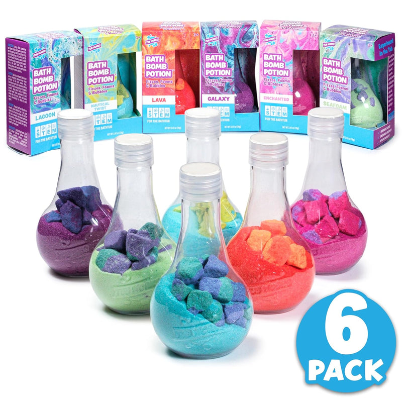 Tub Works Kids Nontoxic Bath Bomb Potions, Variety 6 Pack, Fizzes, Foams & Bubbles with Colorful Eruption, Interactive Bath Toys for Toddler Science Fun