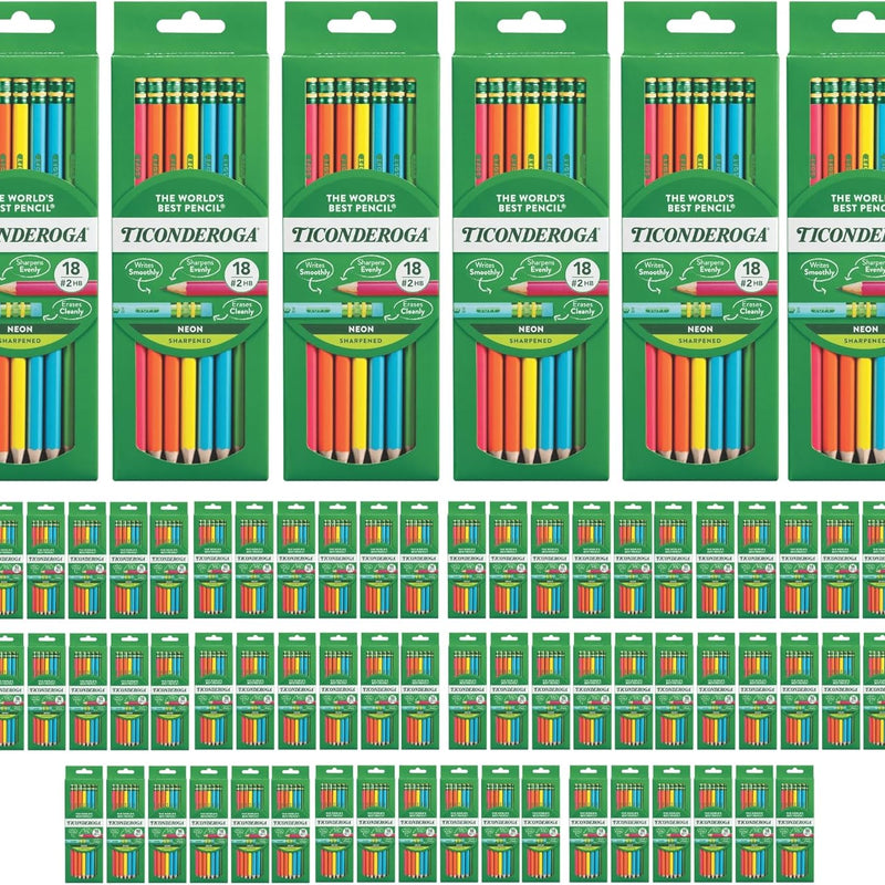 Ticonderoga Wood-Cased Pencils, Pre-Sharpened, #2 HB Soft, Neon Colors, 18 Count