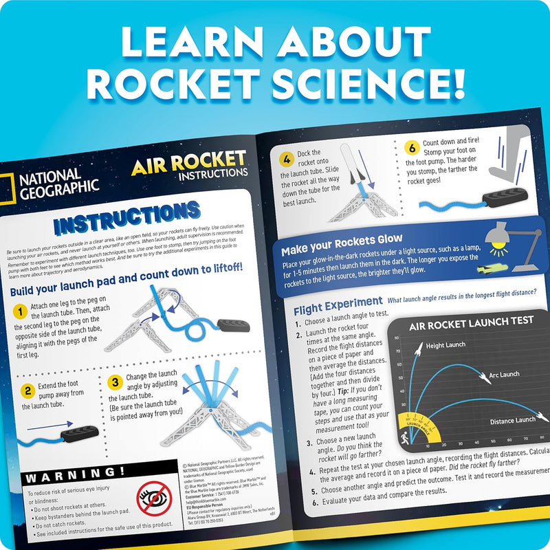 National Geographic Air Rocket Launcher Science Kit for Kids 8–12 with Glow-in-the-Dark Foam Rockets and Adjustable Launch Base