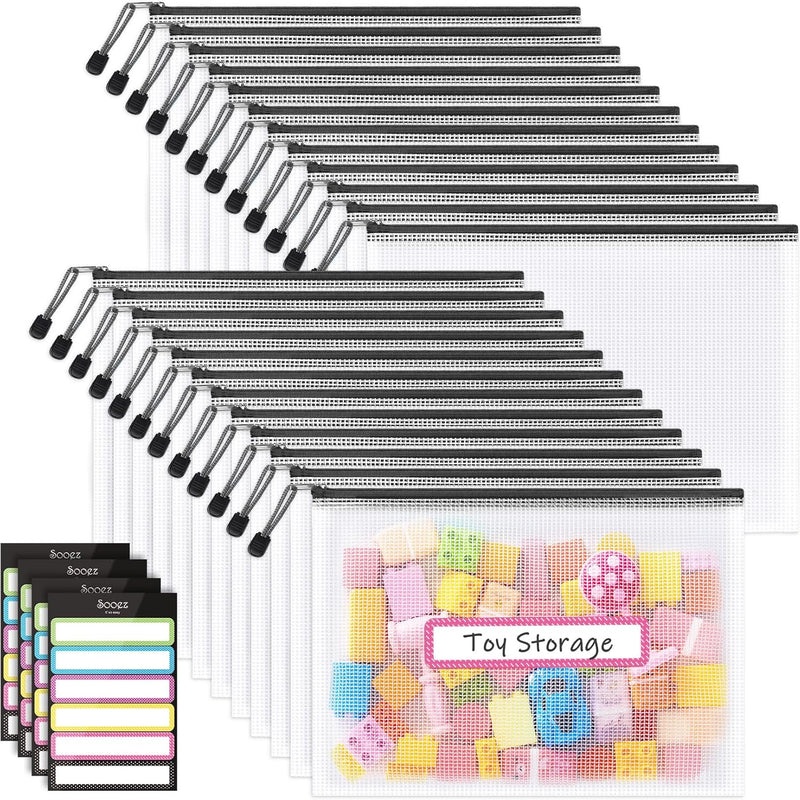 Sooez 24 Pack Mesh Zipper Pouch with Sticky Labels, A4 Mesh Bags, Sturdy Letter Size File Folders Organizer, Office School Classroom Teacher Supplies, Toy Storage Bag Board Game Puzzles Organization