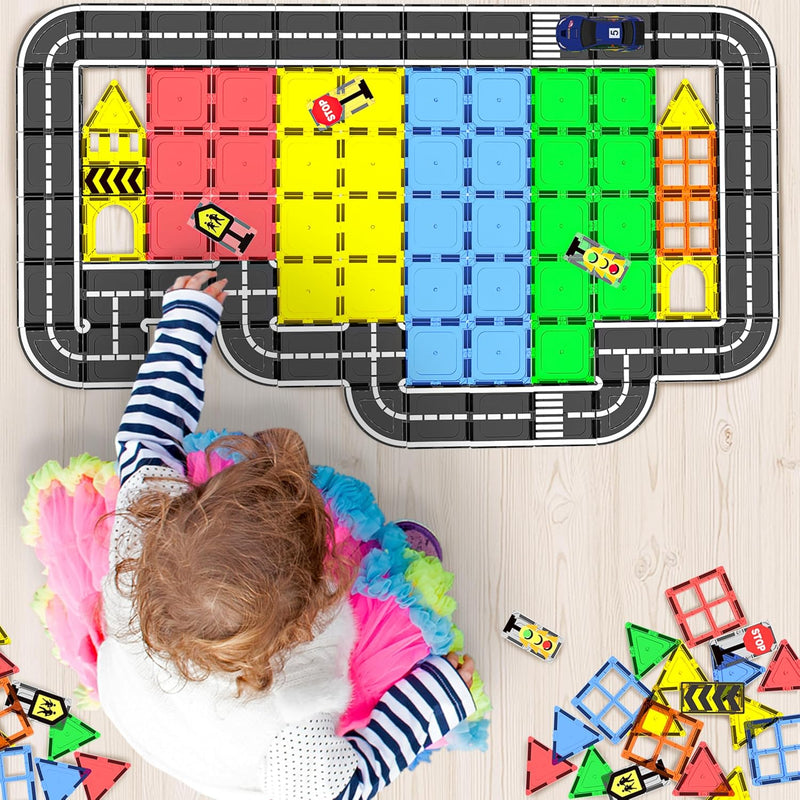 Magnetic City Traffic Tiles, 38pcs, Preschool Montessori Toys for 3+ Year Old Kids, Sensory Building Blocks for Toddler with Autism