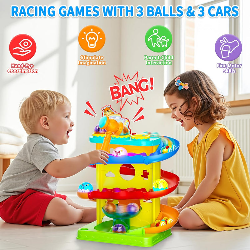 2-in-1 Light Up Rolling Ball & Racing Car Ramp Toddler Toy | Ball Drop Toy Race Track with Hammer, Interactive Montessori Learning Game & Kids 1-5+ Year Old Girl Boy Gift(Yellow)