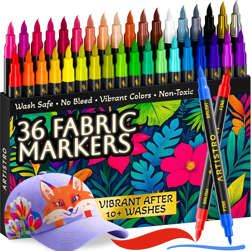 ARTISTRO 36 Fabric Markers for Clothes and Textiles – Permanent No-Bleed Fabric Decorating Kit for T-Shirts, Bags, Canvas, Shoes, and Crafts