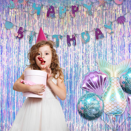 GREATRIL iridescent party backdrop, 2 PCS, 3.2ft x 6.5ft, tinsel foil fringe curtain for mermaid/frozen/sea/euphoria party theme decorations