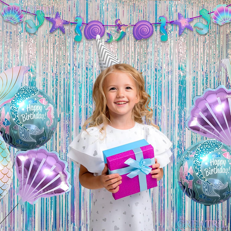 GREATRIL iridescent party backdrop, 2 PCS, 3.2ft x 6.5ft, tinsel foil fringe curtain for mermaid/frozen/sea/euphoria party theme decorations