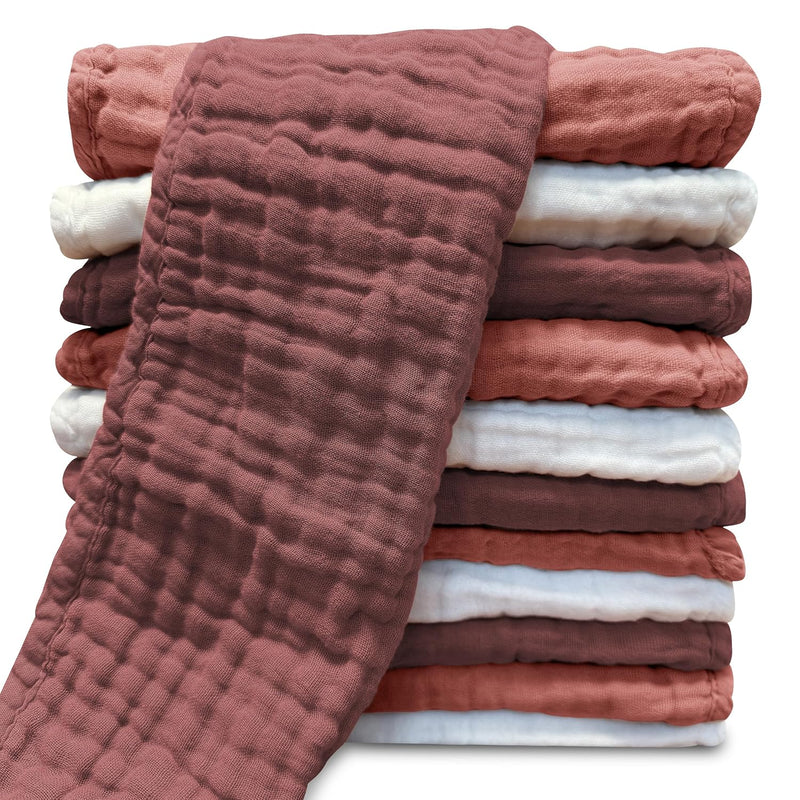 Muslin Burp Cloths for Baby 100% Cotton Burping Cloths for Unisex, Boy, Girl - Large 20'' by 10'' Newborn Essentials Ultra Soft Absorbent Milk Spit Up Rags - 12 Pack - White+Light Bean Paste Series