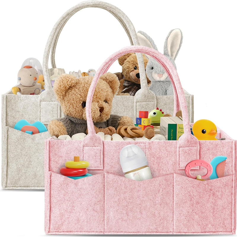 HIPHOP PANDA 2-Pack Diaper Caddy Organizer - Newborn Essentials Baby Registry Must Haves - Sturdy Nursery Storage Bin & Portable Car Caddy for Diapers & Wipes - Grey/Oatmeal Gift Set