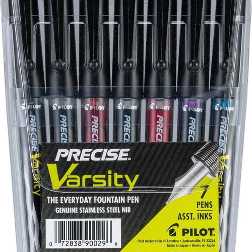 Pilot Precise Varsity Pre-Filled Fountain Pens for Writing, Medium Point Stainless Steel Nib, Black/Blue/Red/Pink/Green/Purple/Turquoise Ink, 1.0mm, 7-Pack