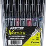 Pilot Precise Varsity Pre-Filled Fountain Pens for Writing, Medium Point Stainless Steel Nib, Black/Blue/Red/Pink/Green/Purple/Turquoise Ink, 1.0mm, 7-Pack