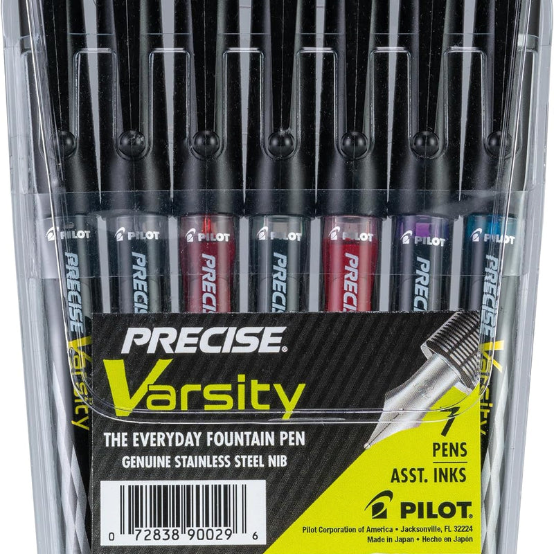 Pilot Precise Varsity Pre-Filled Fountain Pens for Writing, Medium Point Stainless Steel Nib, Black/Blue/Red/Pink/Green/Purple/Turquoise Ink, 1.0mm, 7-Pack