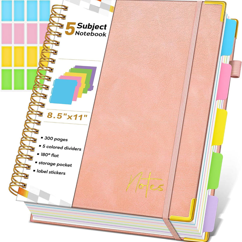 Spiral Notebook Journal with Removable Dividers Tabs, 300 Pages Hardcover Leather 5 Subject College Ruled Notebook, 8"x10" Large B5 Lined Journal for Women Men, Spiral Notebooks for Work School,Purple