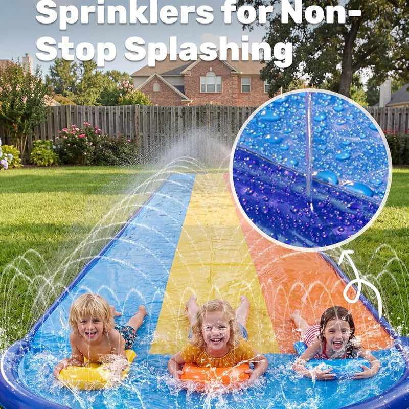 Sloosh Triple Water Slide with 3 BodyBoards, 22.5FT Lawn Water Slip Splash Pad Slide Summer Toy with Build in Advanced Sprinkler for Kids Adults Backyard Summer Water Fun