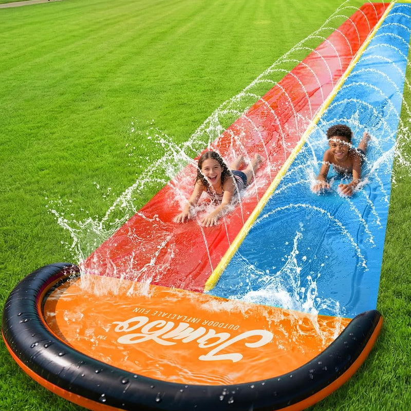 JAMBO Premium 24Ft Budget Slip Splash and Slide, Heavy Duty Water Slide with Advanced Sprinkler System, Backyard Waterslide, Splash Mat, Outdoor Water Toys n Slides for Kids