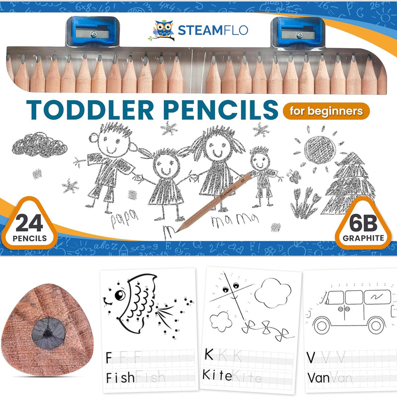 Learning Pencils For Toddlers 2-4 Years–Kids Pencils For Beginners, Toddlers And Preschoolers, Jumbo Triangle Shape With Soft Graphite (8pk+Sharpener)