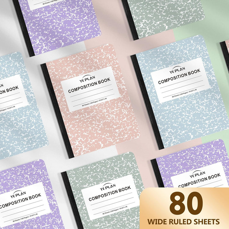 Yeplan Composition Notebooks 4 pack, Wide Ruled Notebook Paper, 9 3/4" x 7 1/2", 80 Sheets/160 Pages, Aesthetic Marble Composition Notebook for School & Office Supplies (4, Pastel Marble Colors)