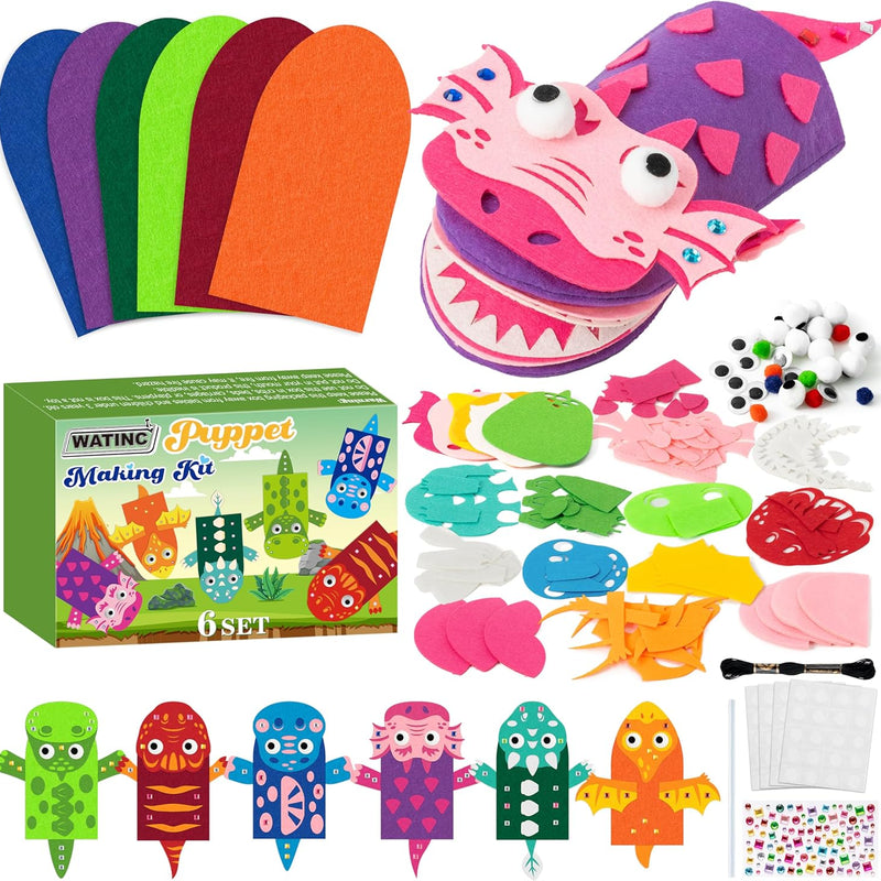WATINC 6-Piece Animal Hand Puppet Making Kit for Kids, DIY Art Craft Felt Sock Puppets, Pompoms, Googly Eyes, and Felt Decorations for Creative Storytelling and Role Play.