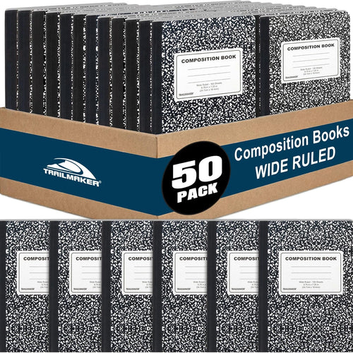 Trail maker (50 Pack Bulk Composition Notebooks, Wide Ruled Marble Cover, 200 Pages (100 Sheets), 9.75 x 7.5, Bulk School Supplies for Classroom, Office & School Donations