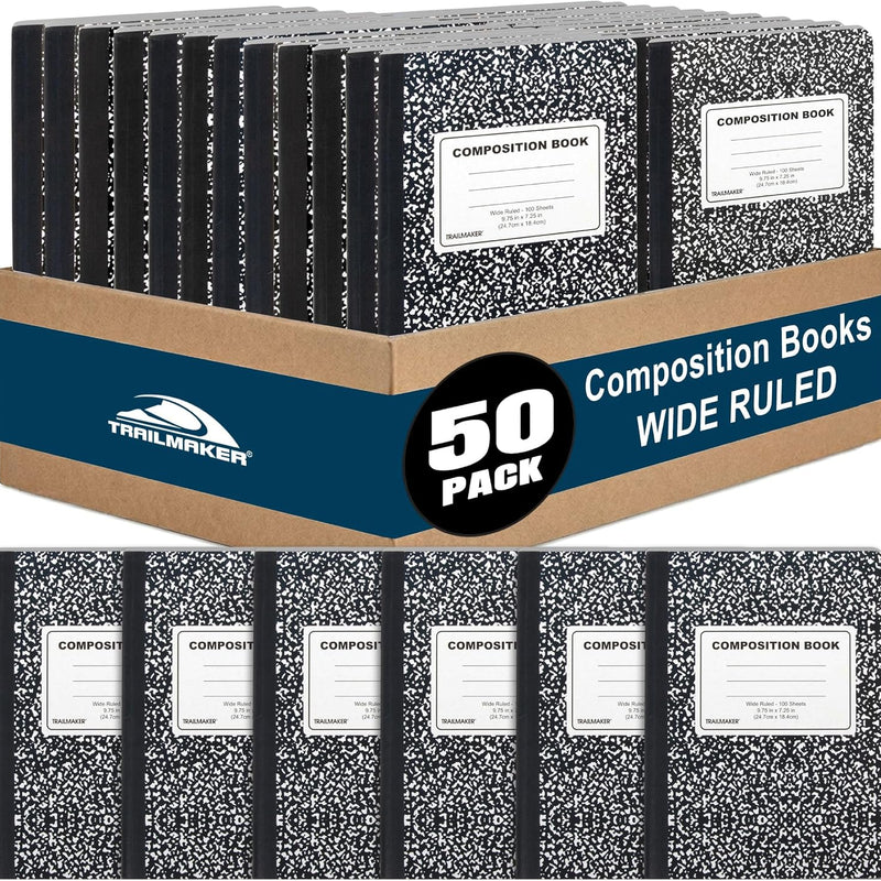 Trail maker (50 Pack Bulk Composition Notebooks, Wide Ruled Marble Cover, 200 Pages (100 Sheets), 9.75 x 7.5, Bulk School Supplies for Classroom, Office & School Donations