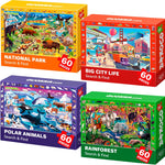 QUOKKA Puzzles for Kids Ages 4-6 - 4 x 60 Puzzles for Toddlers 5-8 - Educational Search and Find Toy for 8-10 yo for Learning Forest Polar, USA National Park Animals and City Life