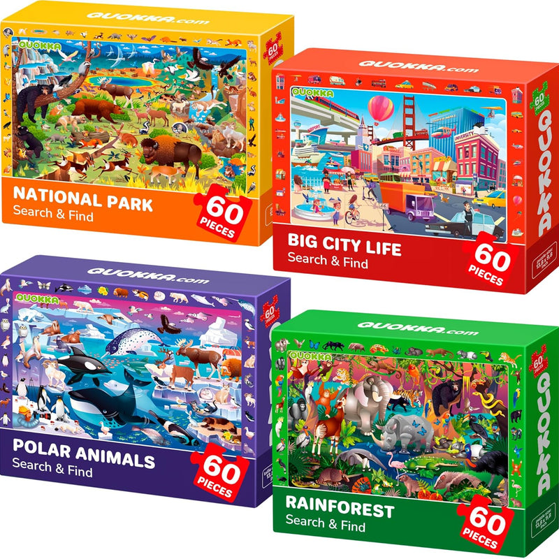 QUOKKA Puzzles for Kids Ages 4-6 - 4 x 60 Puzzles for Toddlers 5-8 - Educational Search and Find Toy for 8-10 yo for Learning Forest Polar, USA National Park Animals and City Life