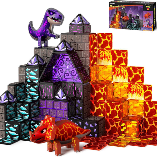 GobiDex Dinosaur Toys Magnetic Tiles Lava Cave Dinosaur World Set - Magnetic Building Blocks for Kids 3-5 5-7 Girls Boys Toys Age 4-6 6-8, STEM Sensory Toddler Birthday Gifts for 3+ Year Old Kids Toy
