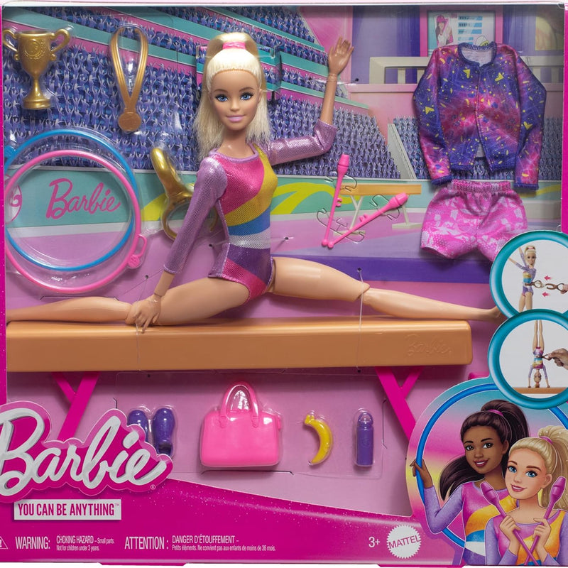 Barbie Gymnastics Doll & Accessories, Playset with Blonde Fashion Doll, C-Clip for Flipping Action, Balance Beam, Warm-Up Suit & More