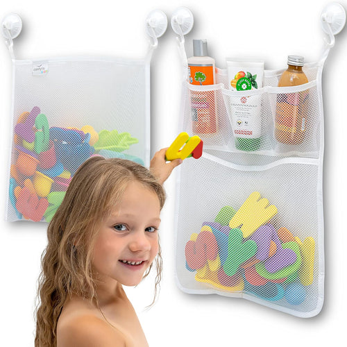 2 x Mesh Bath Toy Organizer + 8 Ultra Strong Hooks - Perfect Bathtub Toy Holder & Bathroom or Shower Caddy for Kids & Toddlers