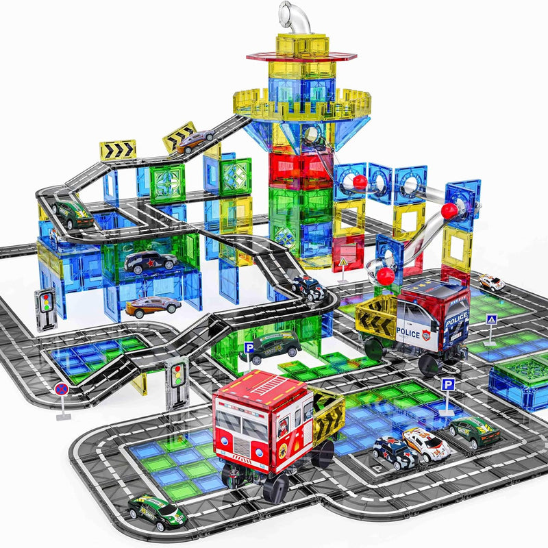 Magnetic Tiles Road Set with Pullback Car, Compatible with Major Brands, Ages 4-8, STEM Building Toy for Kids