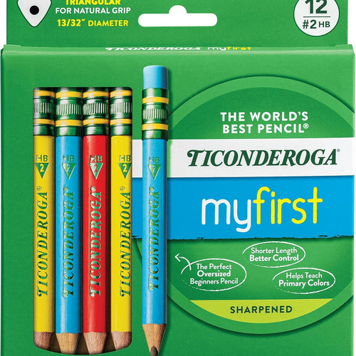 Ticonderoga My First Short Triangular Wood-Cased Pencils, #2 HB Soft, With Erasers, Primary Colors, 12 Count
