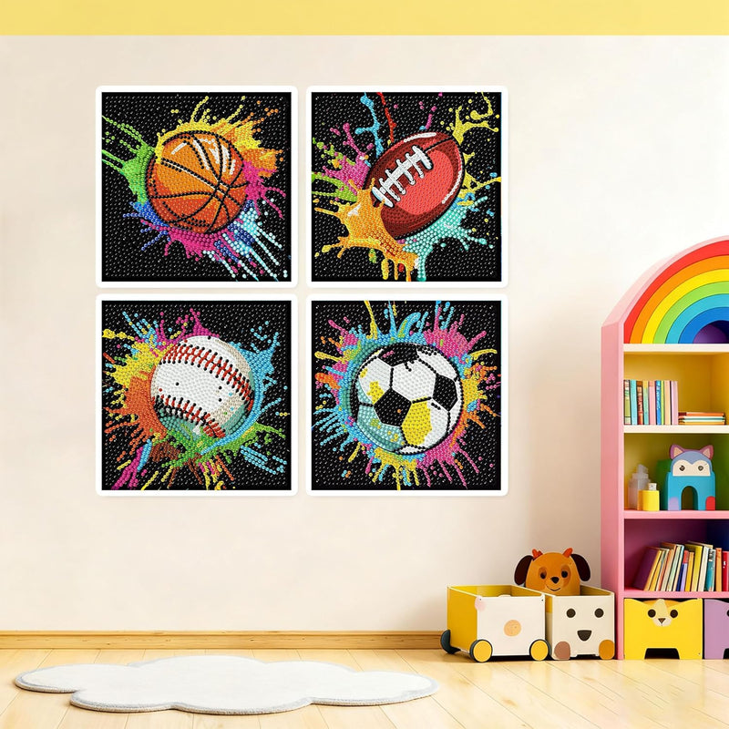 bleihum 4 Pack Diamond Art Painting Kits for Kids Ages 8-12 Sports 6X6inch | Small Diamond Art for Kids Ages 8-12, Cute Football Gem Arts and Crafts for Kid Ages 8-12 Gift Home Decor