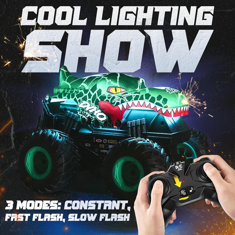 BEZGAR 1:20 Scale Remote Control Monster Truck with Light & Music for Kids 4-7, Dinosaur RC Car with 360° Spins and Drifting