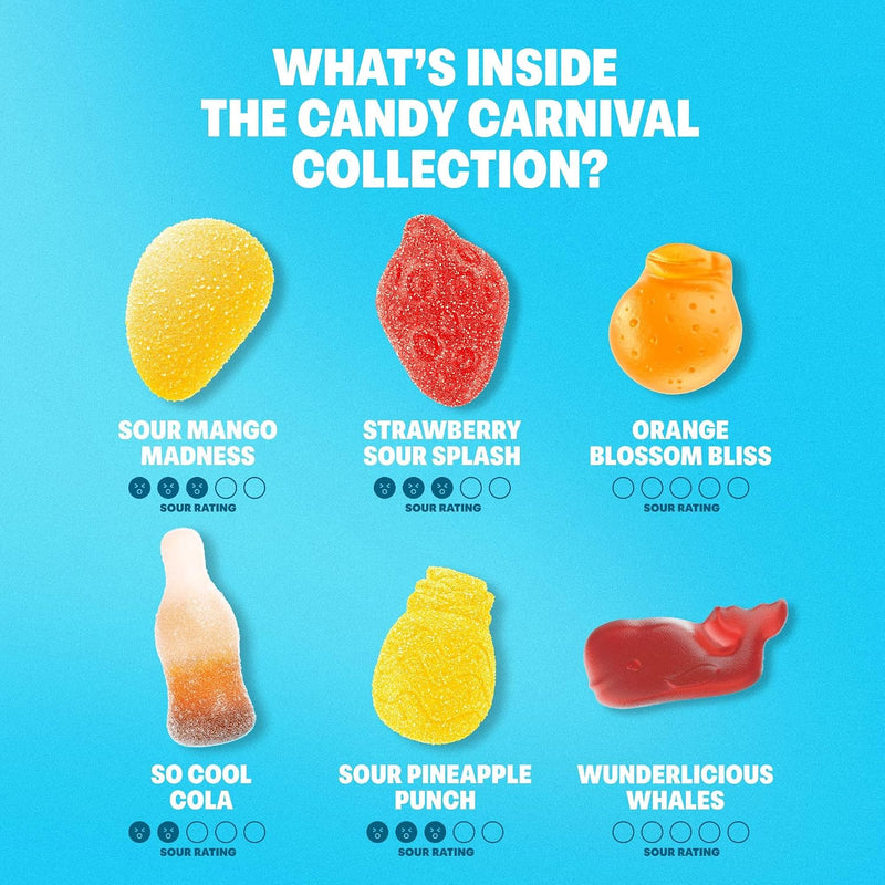 Shameless Snacks Candy Carnival - Sour Gummy Variety Pack & Fruit Snacks | Strawberry Orange Mango Cola Gummies, Keto 3g Sugar - Gluten Free Vegan Candy for Kids & Adults