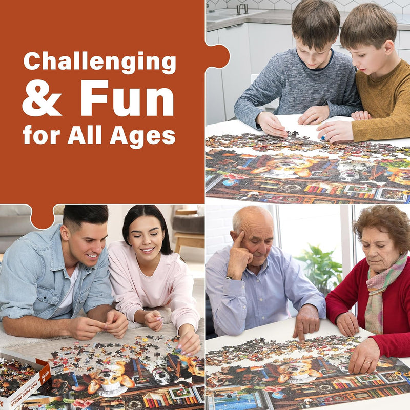 BenBen Puzzles for Adults 1000 Pieces, Dogs' Dinner Party, Dog Jigsaw Puzzle with Patterns on Back, Funny Animal Puzzle, Challenging Puzzles for Family Game Night, Home Décor